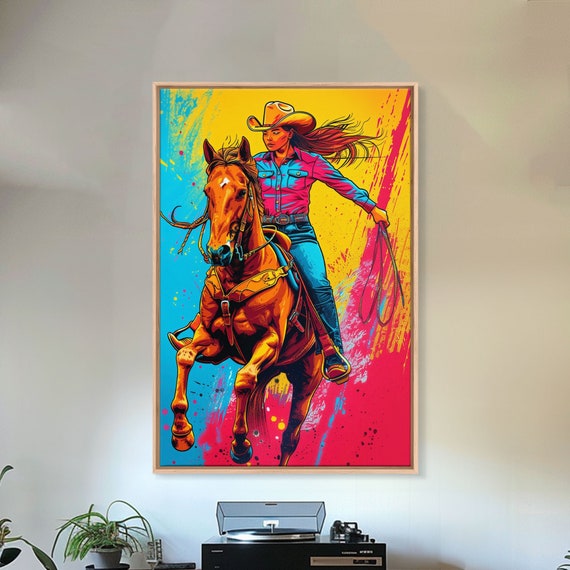 Bold Pop Art Cowgirl Riding Horse With Bright Colors Framed Print Equestrian Decor Cowgirl Art For Bedroom Living Room Wall Art