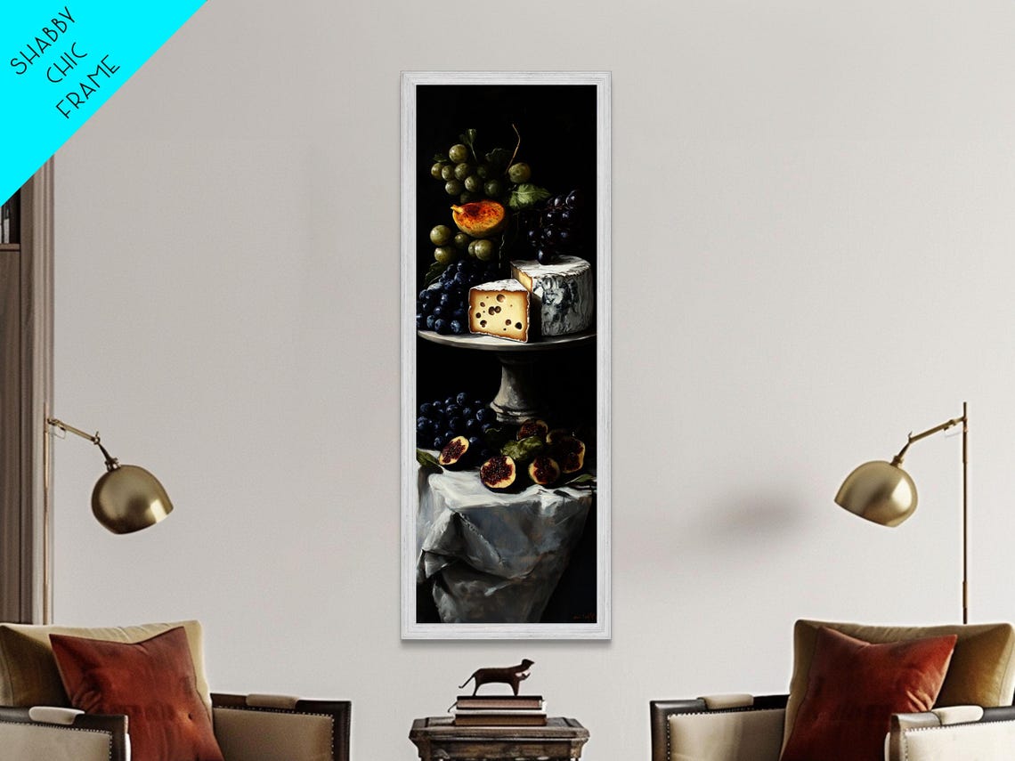 Cheese Grapes and Figs Still Life Dark Baroque Style Art Print - Image 6