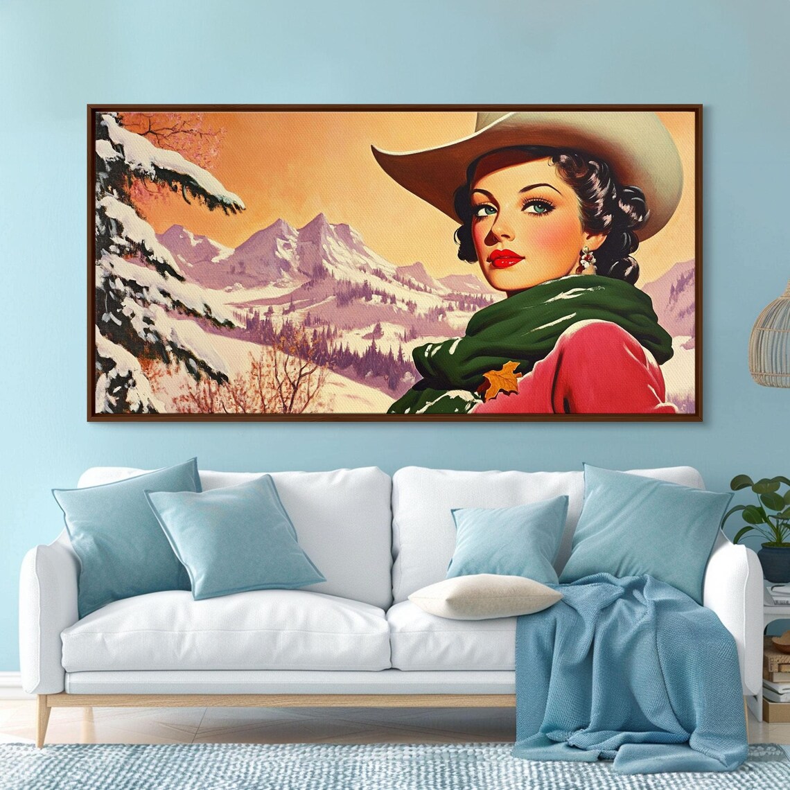 Retro Pinup Cowgirl Portrait Snowy Purple Mountains Scarf Style Poster
