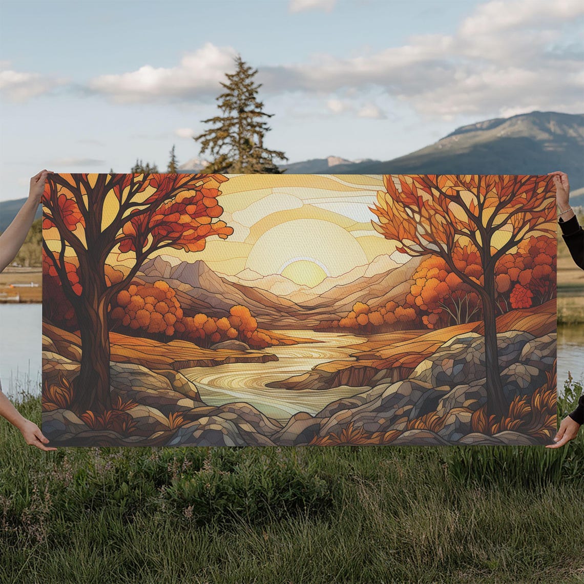 Stained Glass Autumn Sunrise Mountain River Landscape Art Poster