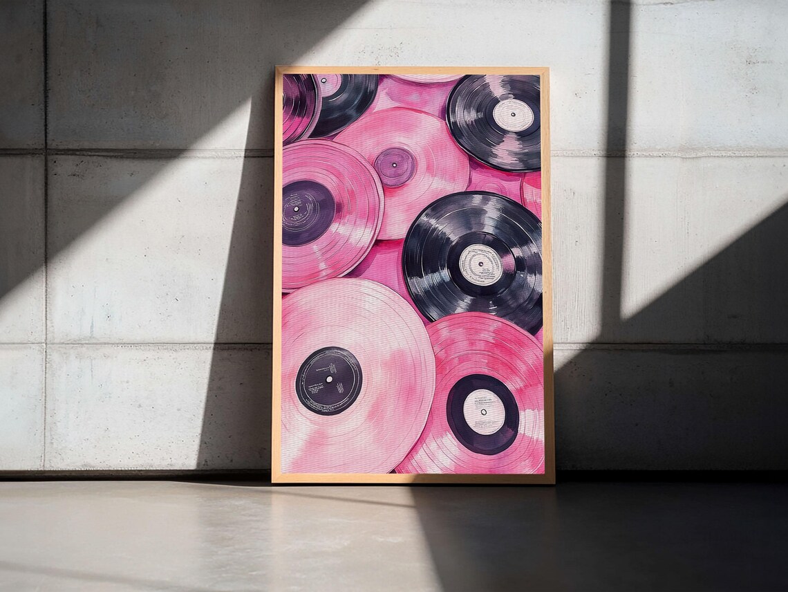 Pink And Purple Vinyl Records Close-Up Retro Music Wall Art Print - Image 3