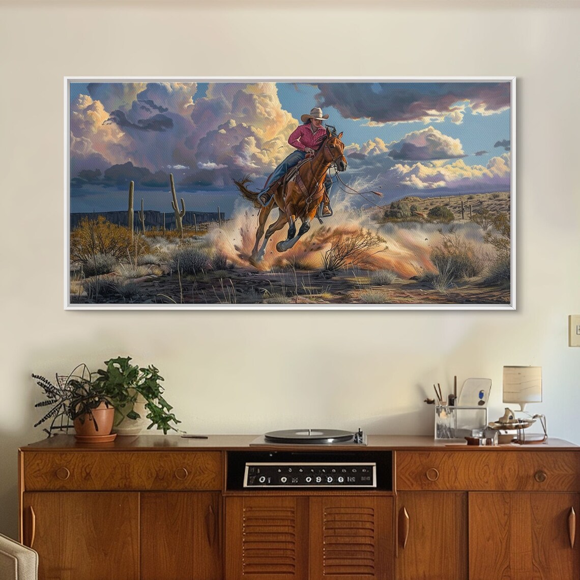 Cowgirl Galloping Horse Dust Desert Dramatic Cloudy Sky Western Art Poster - Image 5