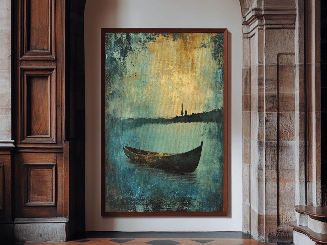 Lone Canoe Moored Teal Water Gold Sky Abstract Nautical Art Poster - Image 2