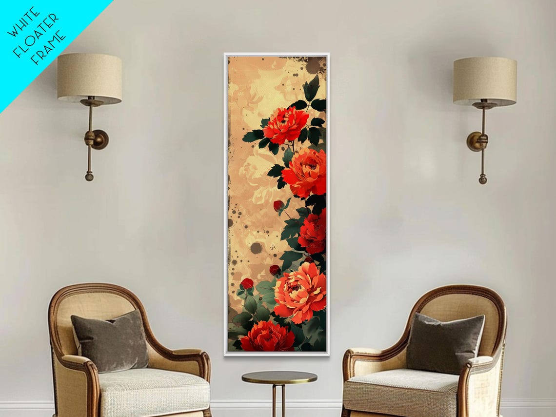 Vibrant Red Peonies Beige Background Tall Japanese Floral Art Poster - Image 3