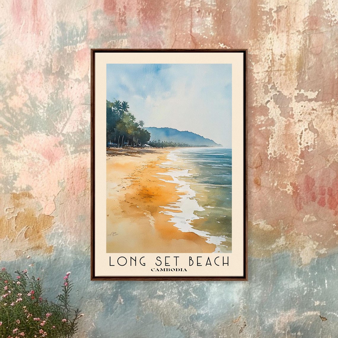 Long Set Beach Cambodia Golden Sand Palm Trees Hills Watercolor Poster - Image 5