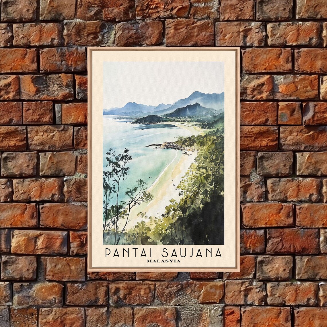 Pantai Saujana Malaysia Green Hills Bay Watercolor Scenic Travel Poster - Image 4