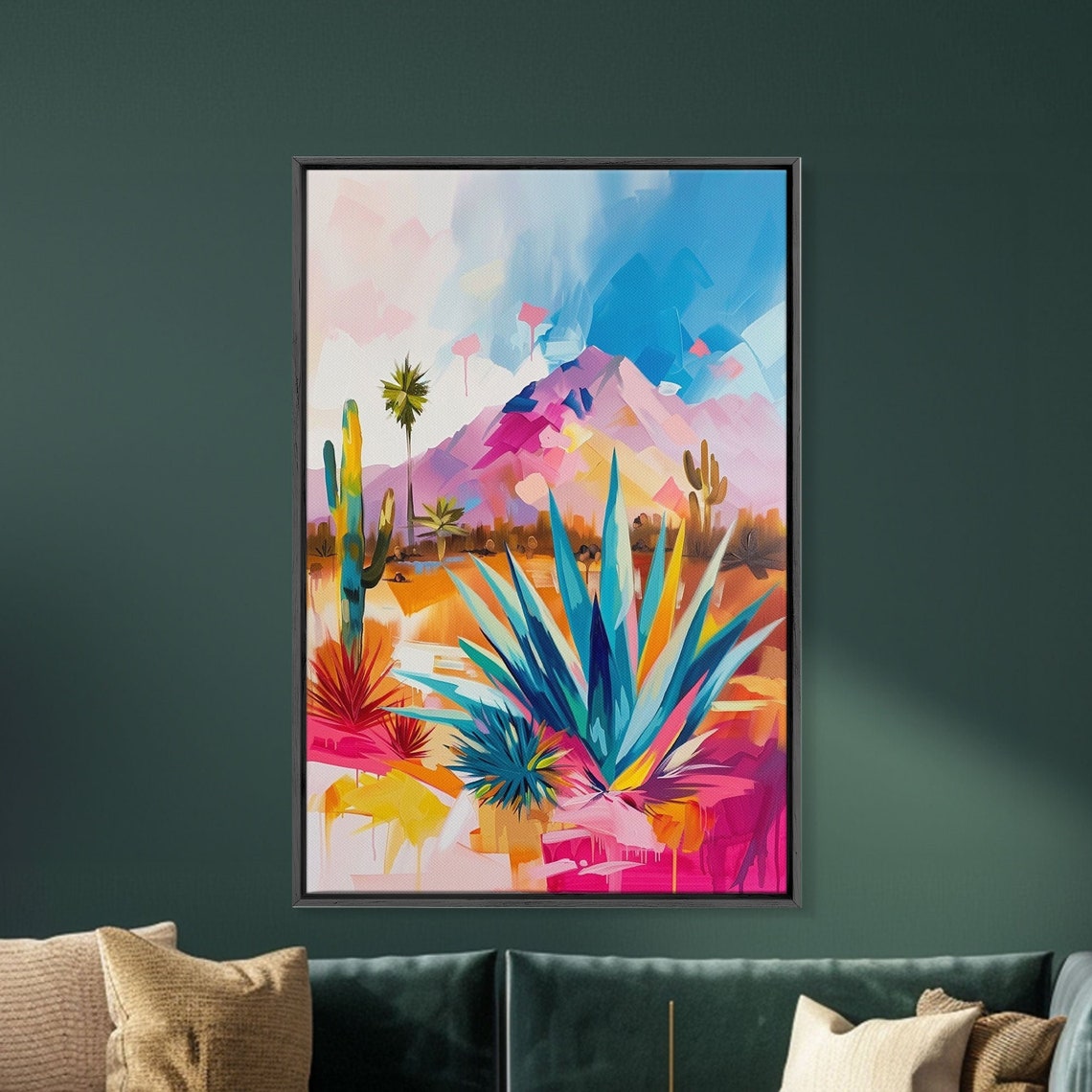 Vibrant Desert Landscape Agave Cactus Pink Mountains Wall Art - Image 2