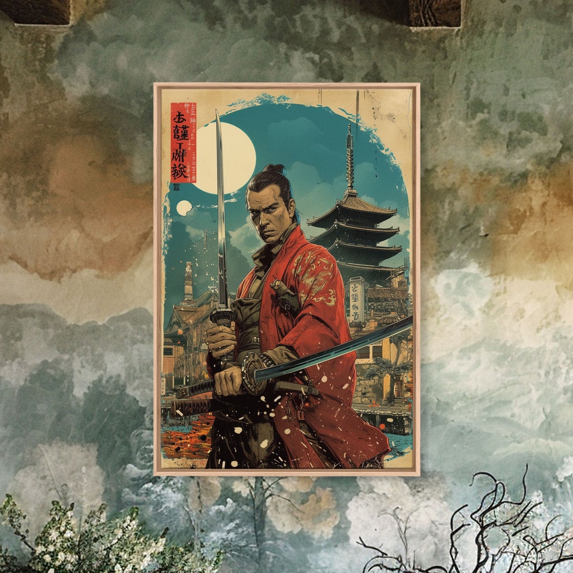 Japanese Samurai Poster in Red Robe with Katanas Before Pagoda Moon