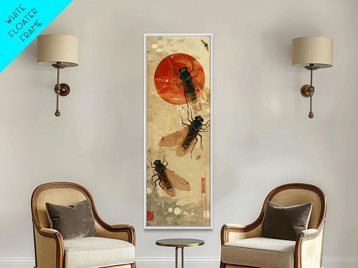 Cicadas With Red Sun Vintage Japanese Woodblock Skinny Tall Poster - Image 3