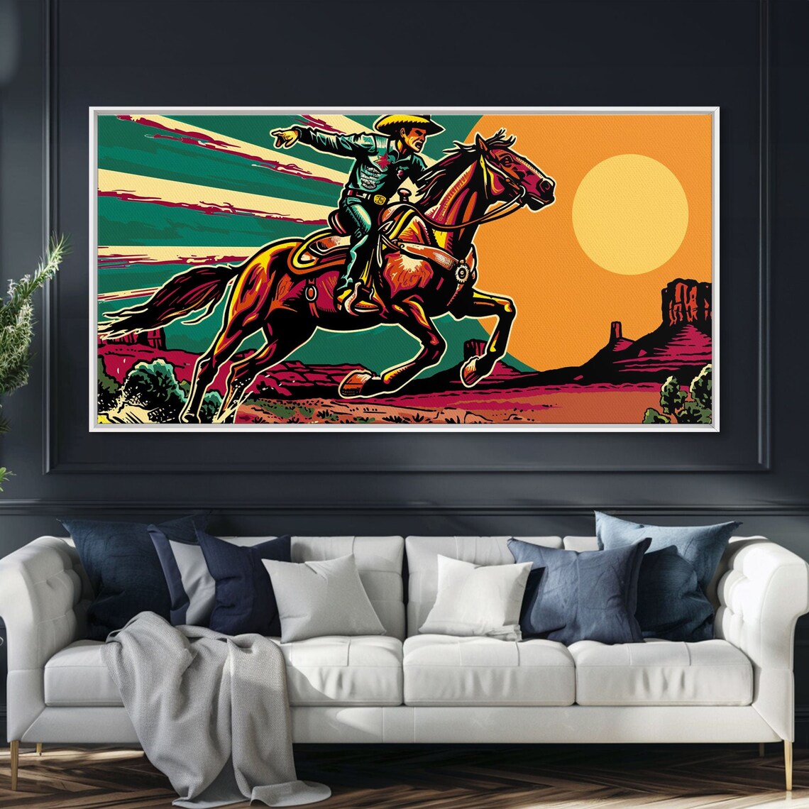 Vintage Cowboy Riding Horse Western Sunset Art Print
