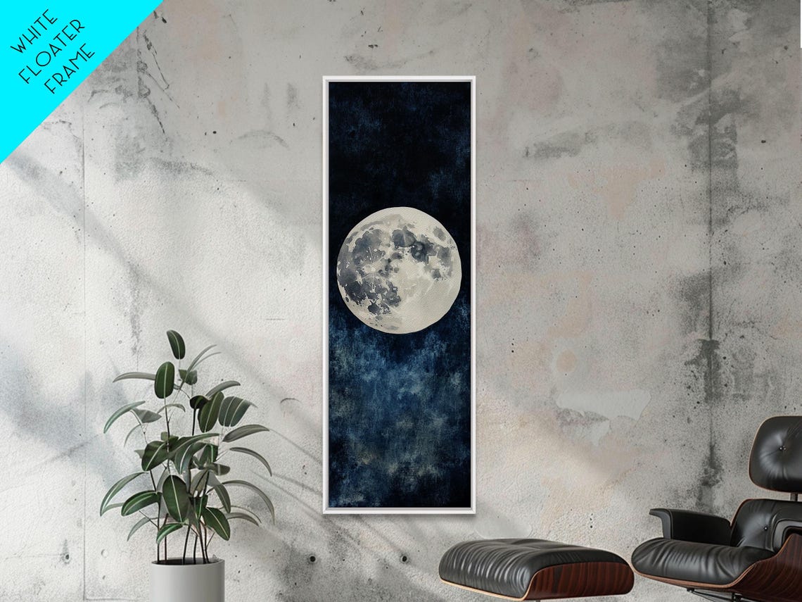 Full Moon Night Sky Glow Dark Blue Celestial Watercolor Wall Art - Image 2