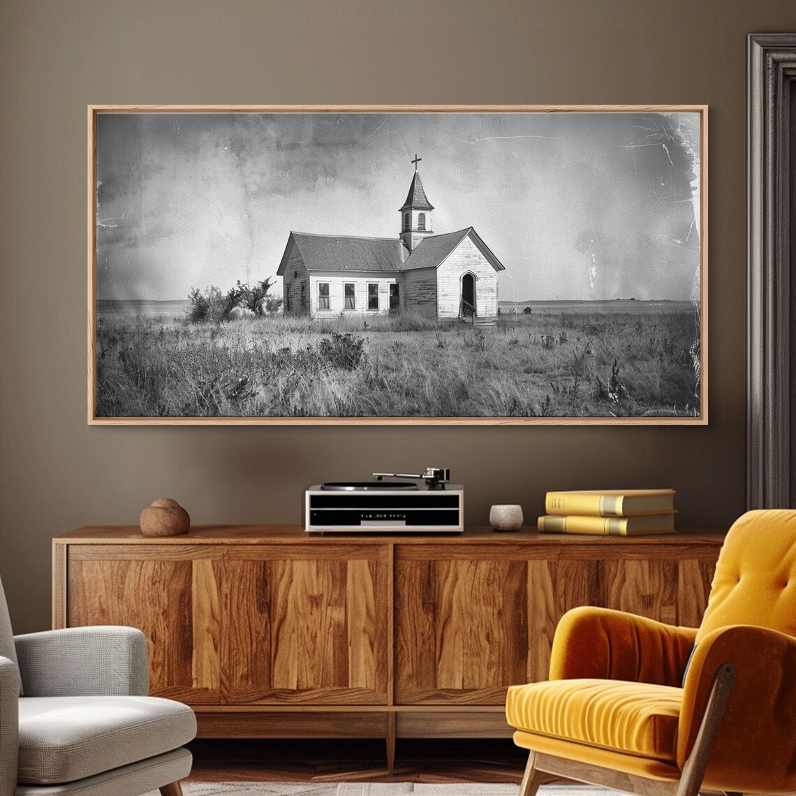 Vintage Country Church in Open Field, Rustic Wall Art Print - Image 3