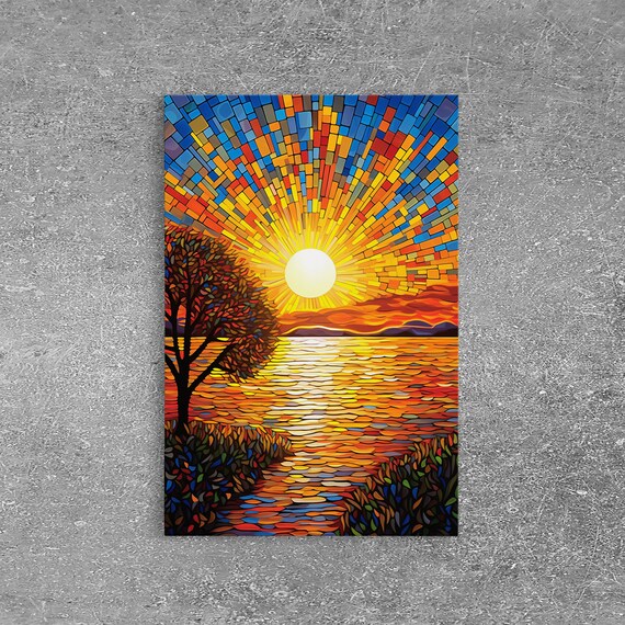Mosaic Sunburst Sunrise Over Calm Lake Golden Rays Tree Shore Art Poster