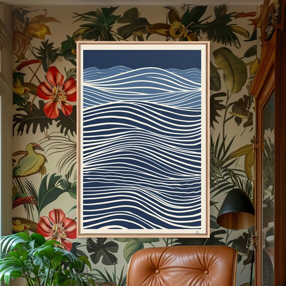 Japandi Blue Ocean Wave Ripple Lines Abstract Minimalist Wall Art