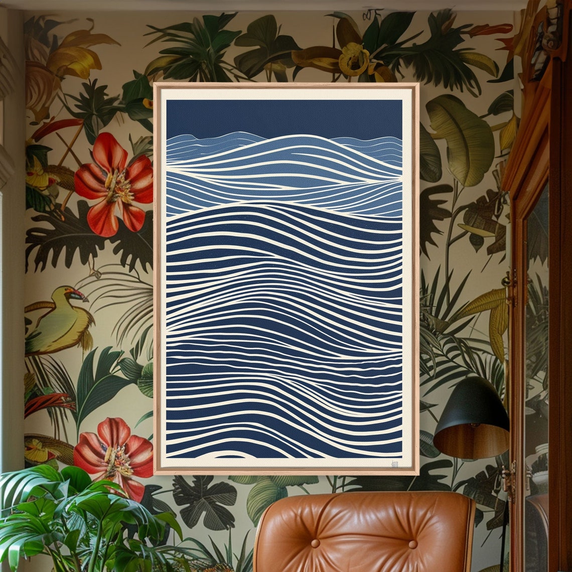 Japandi Blue Ocean Wave Ripple Lines Abstract Minimalist Wall Art