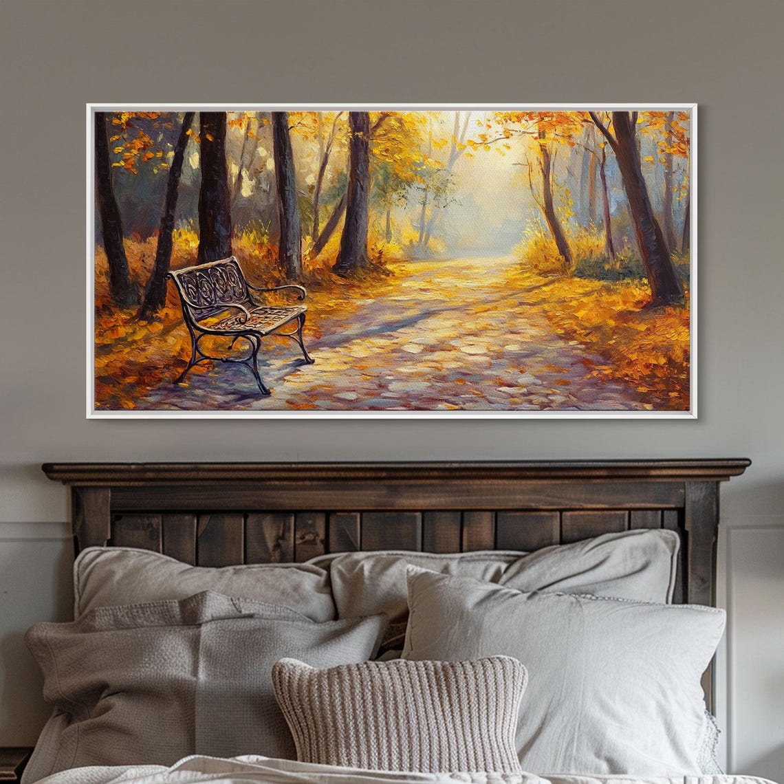 Golden Autumn Park Path Iron Bench Sunlight Fall Painting Print