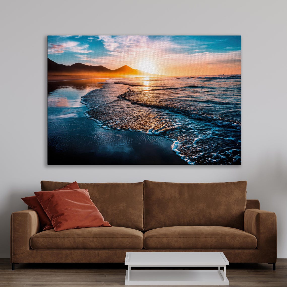 Beach Sunset Over Ocean Waves With Mountain Silhouette Art Poster - Image 4