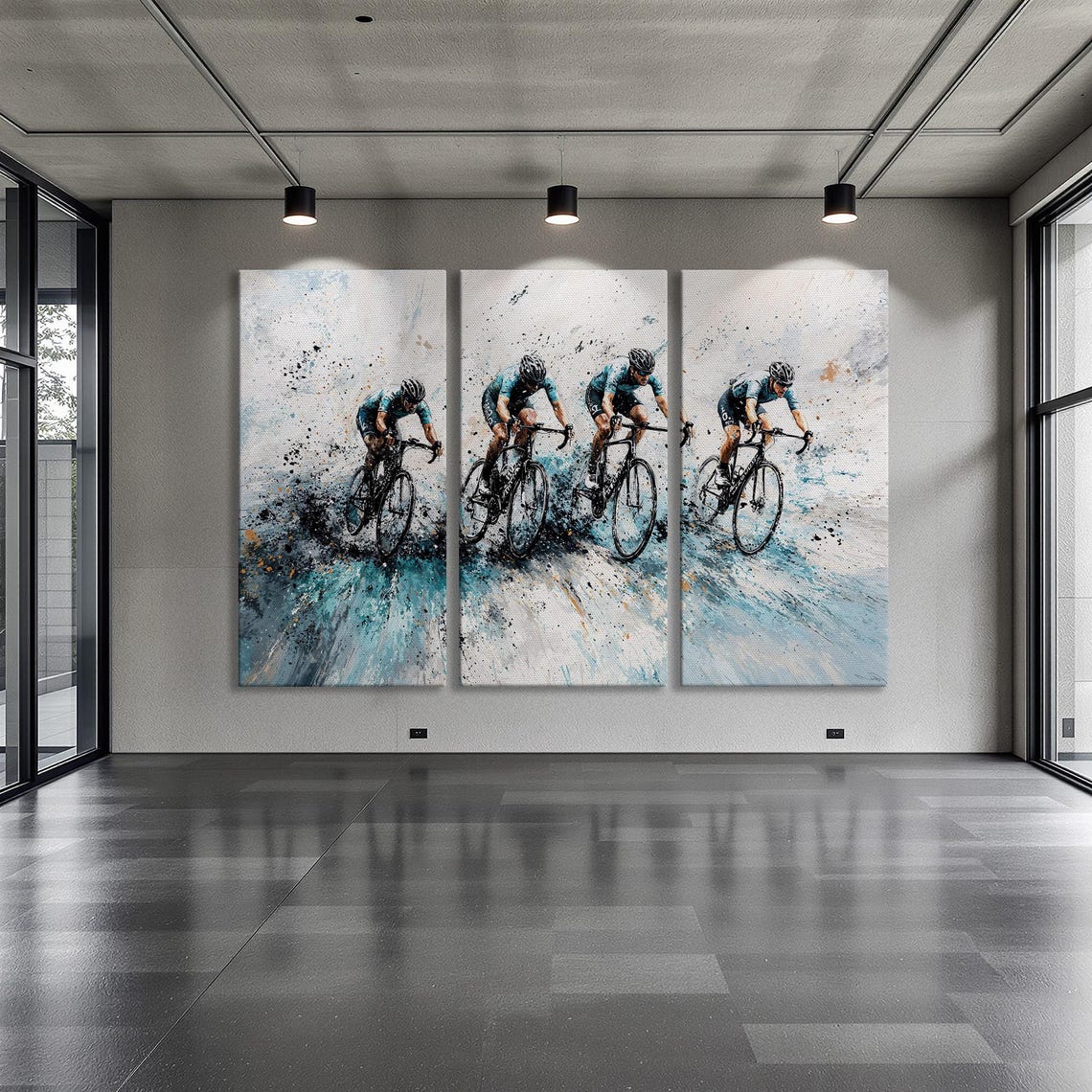 Peloton of Four Cyclists in Teal Abstract Splash Style Poster - Image 6
