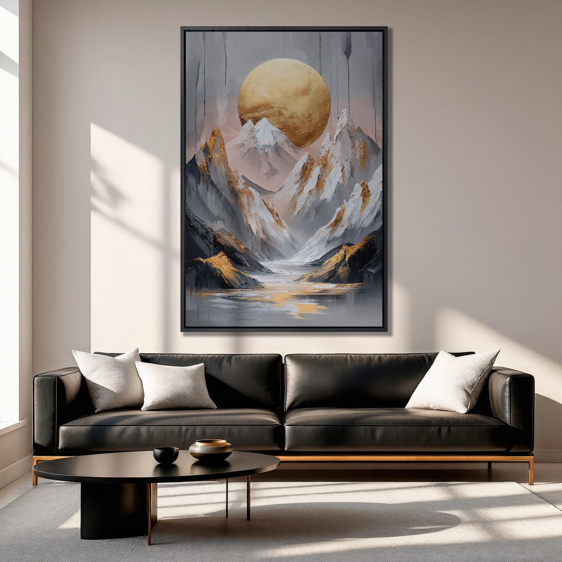 Golden Moon Over a Snowy Valley River and Mountain Peaks Poster - Image 2