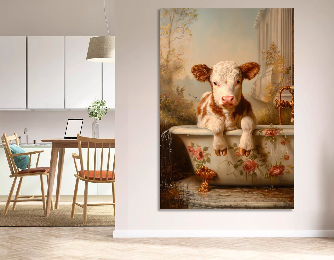 Whimsical Calf In A Floral Bathtub Vintage Style Art Print - Image 6
