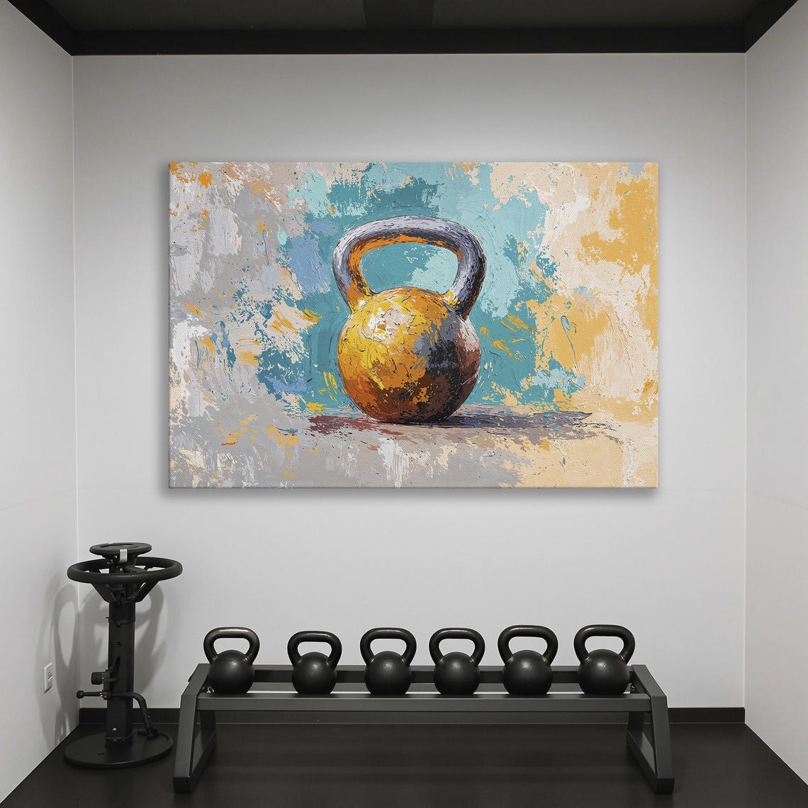 Rust Gold Kettlebell Still Life on Teal Textured Paint Poster - Image 2