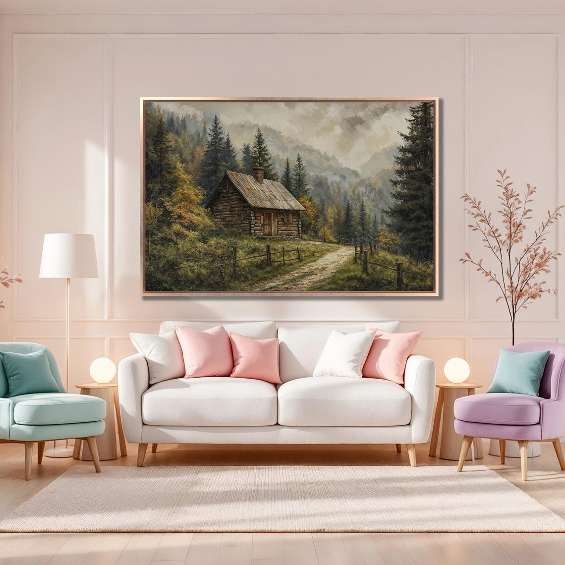 Rustic Log Cabin in Misty Pine Forest Mountain Painting Poster - Image 4