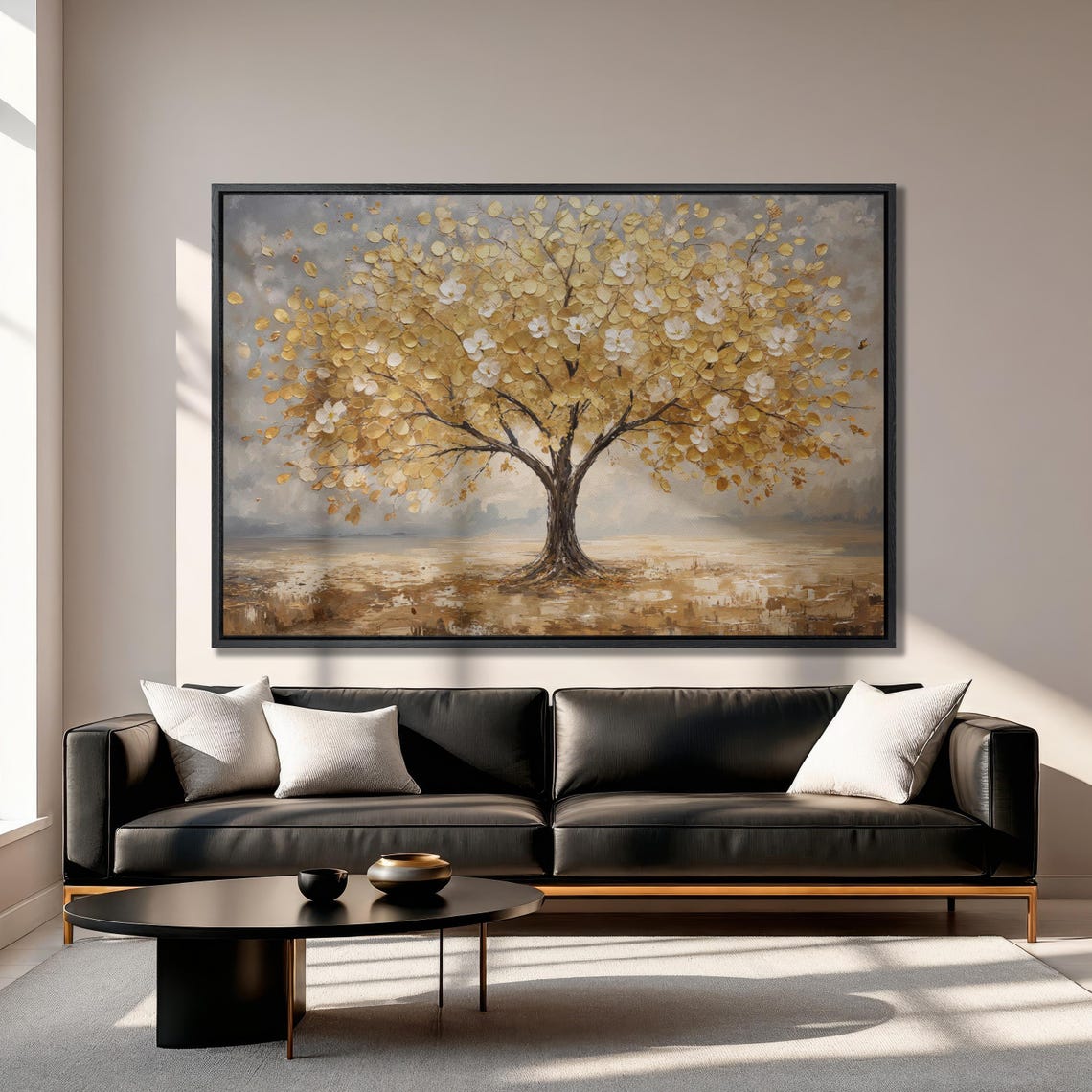 Golden Leaf Tree With White Blossoms Abstract Nature Painting Poster - Image 2