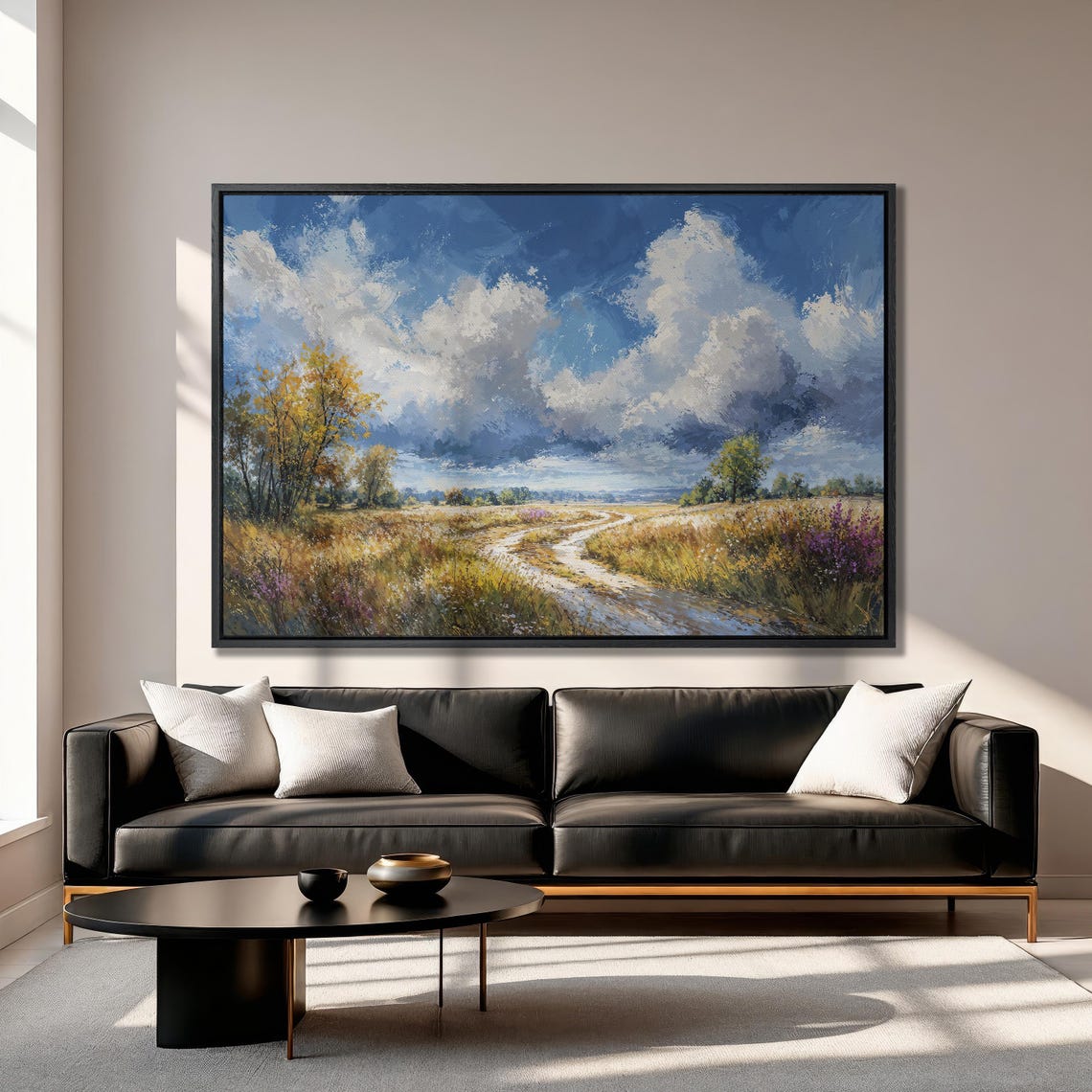 Country Dirt Road Through Wildflower Field Cloudy Sky Poster - Image 3