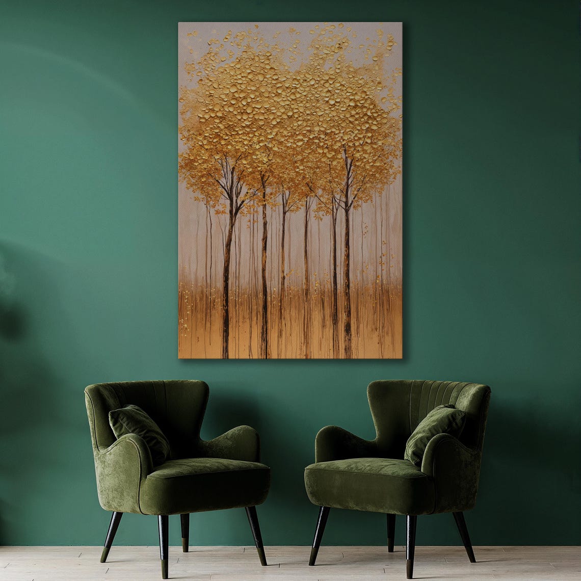 Five Textured Golden Trees on a Pale Abstract Background Wall Art - Image 2