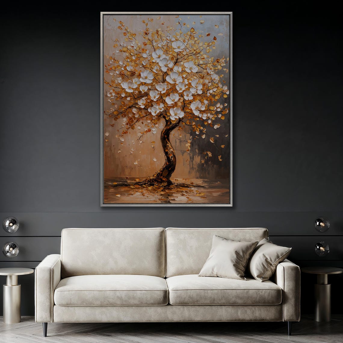 White Blossom Tree With Golden Leaves Nature Painting Wall Art - Image 4