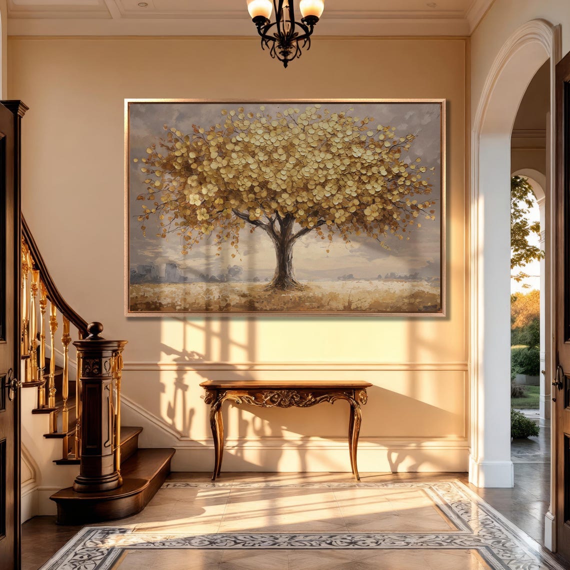 Golden Leaf Tree Standing Alone In A Soft Mist Covered Field Poster - Image 2