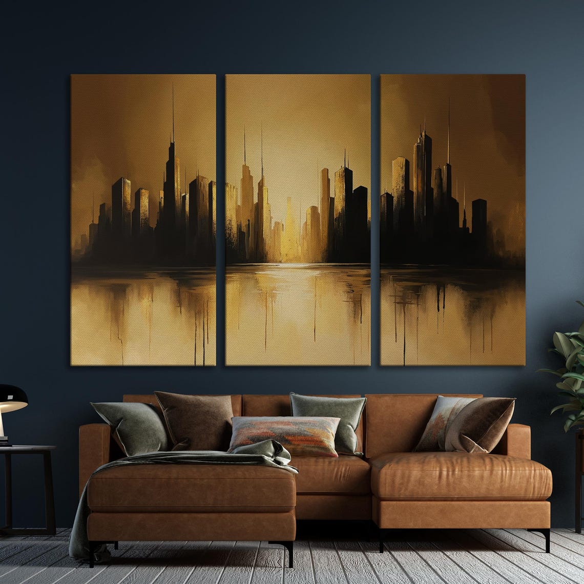 Golden And Black Cityscape Skyline Reflection Abstract Poster - Image 5