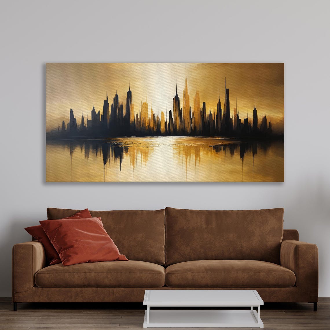 City Skyline Reflection In Golden Water Abstract Cityscape Poster - Image 2