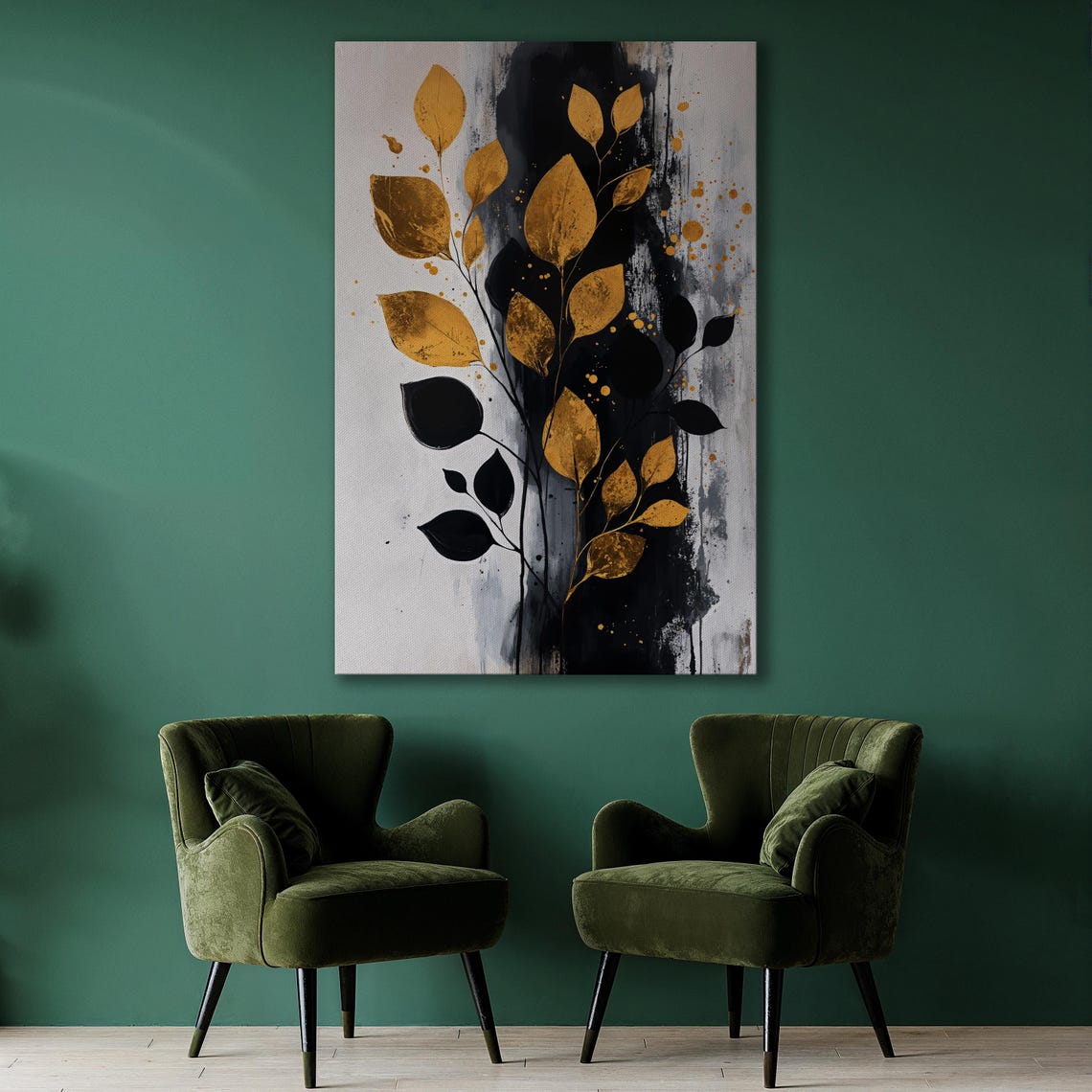 Elegant Gold and Black Abstract Leaves Modern Botanical Art Poster - Image 2