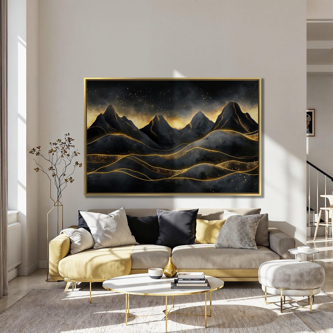Surreal Mountain Landscape Wall Art Dark Mountains Painting Print Black And Gold Wall Decor Abstract Night Sky Poster Ready To Hang - Image 4