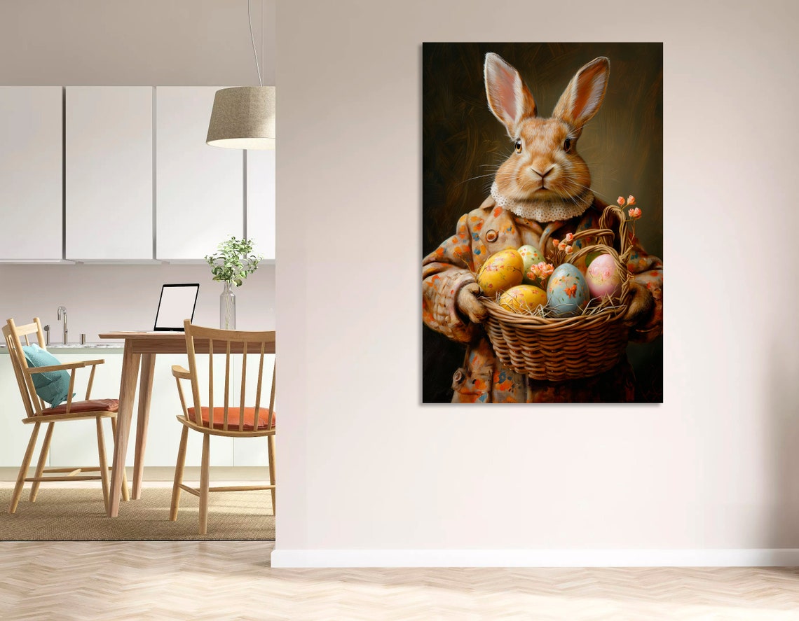 Victorian Bunny In Floral Coat Holding Basket Of Easter Eggs Poster - Image 3