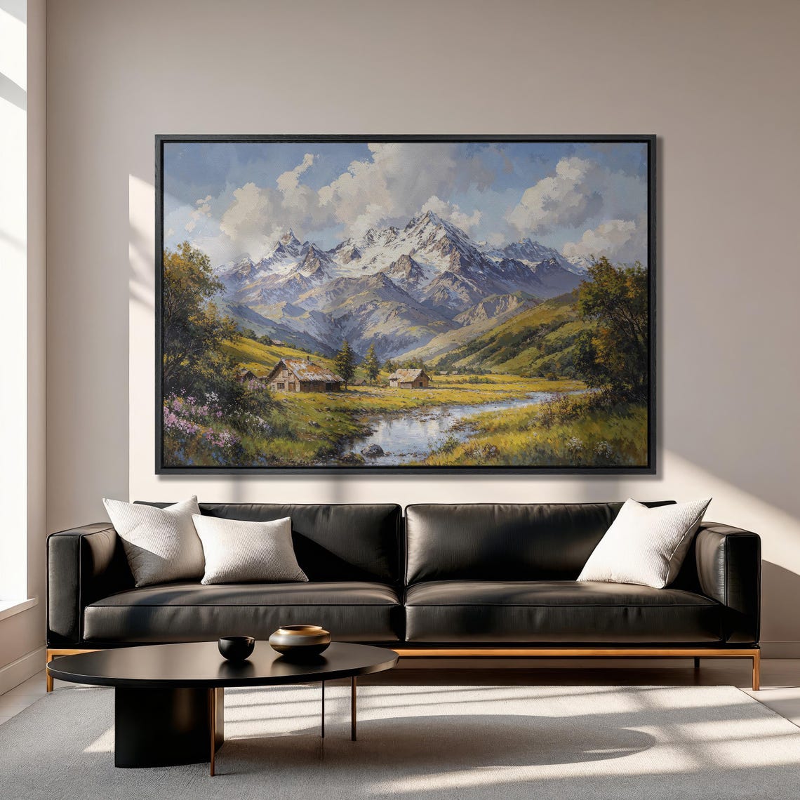 Alpine Cabins by a Creek Below Snow Capped Mountain Peaks Poster - Image 3