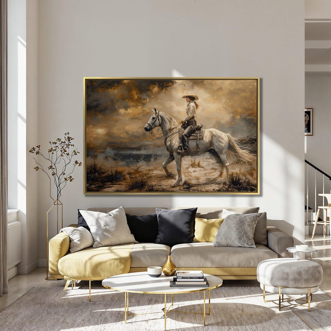 Cowgirl Riding White Horse Through Desert Under Dramatic Sky Poster - Image 2