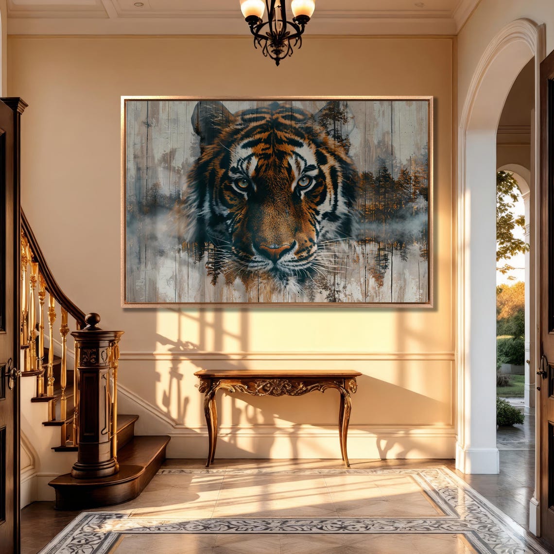 Majestic Tiger Face Double Exposure Watercolor Forest Painting Poster - Image 4