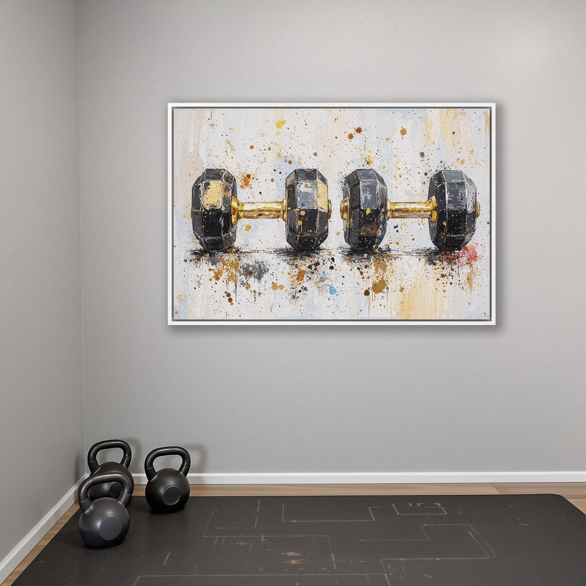 Pair of Black and Gold Dumbbells Splash Paint Still Life Poster - Image 4