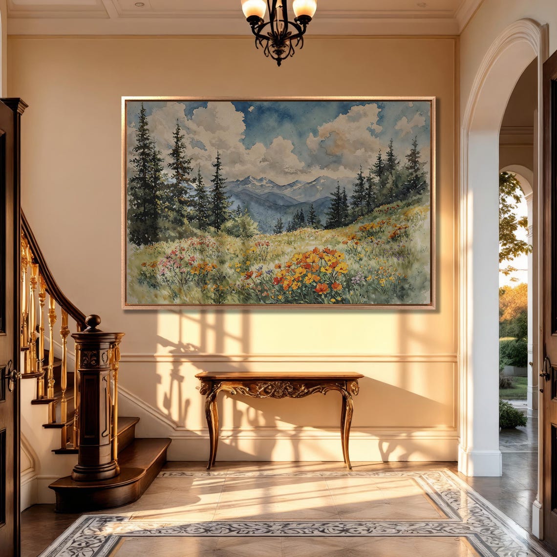 Mountain Wildflower Meadow Watercolor with Pine Trees Poster - Image 5