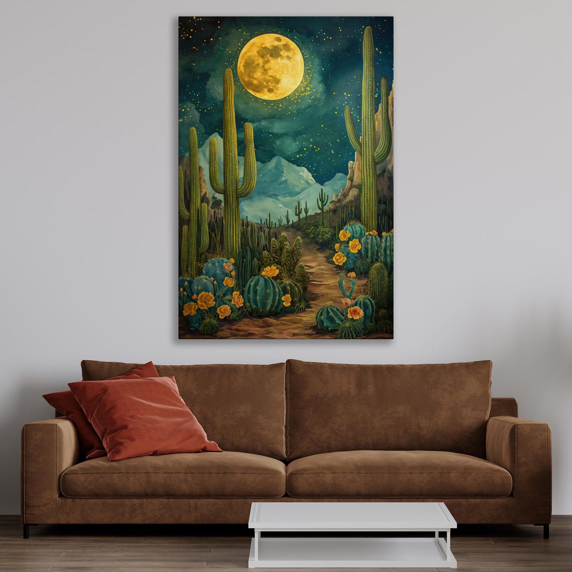 Enchanting Saguaro Cactus Desert Path Under a Full Moon Night Poster - Image 2