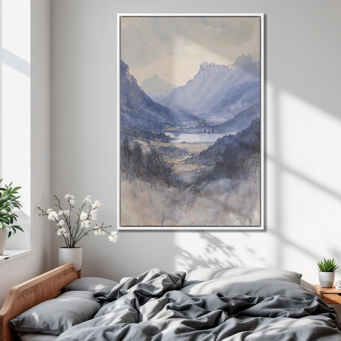 Serene Blue Mountain Lake Valley in Soft Watercolor Style Poster - Image 2