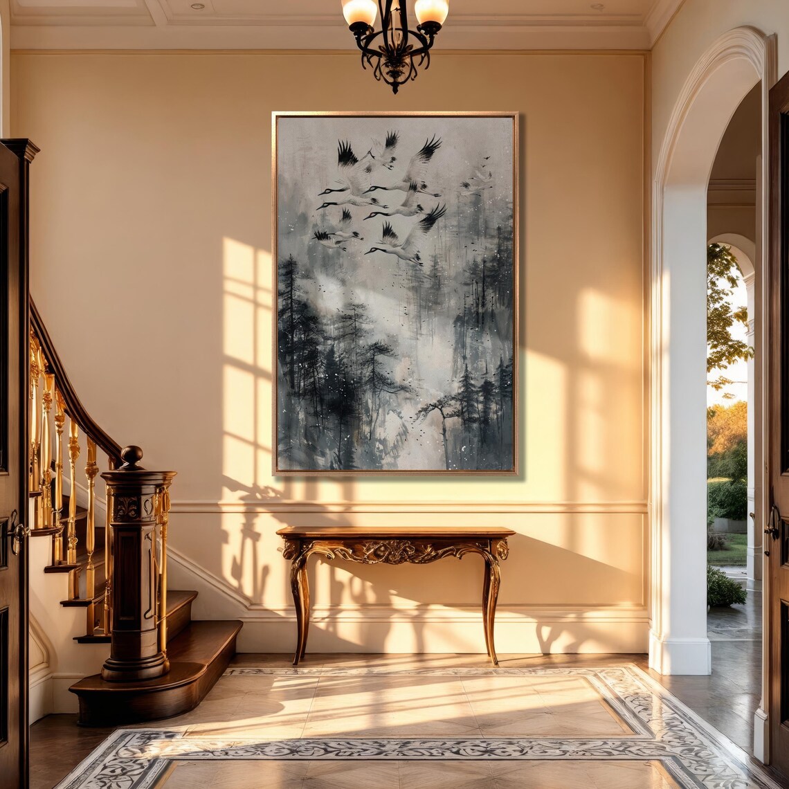 Flock Of Soaring Cranes, Foggy Forest Painting Print - Image 3