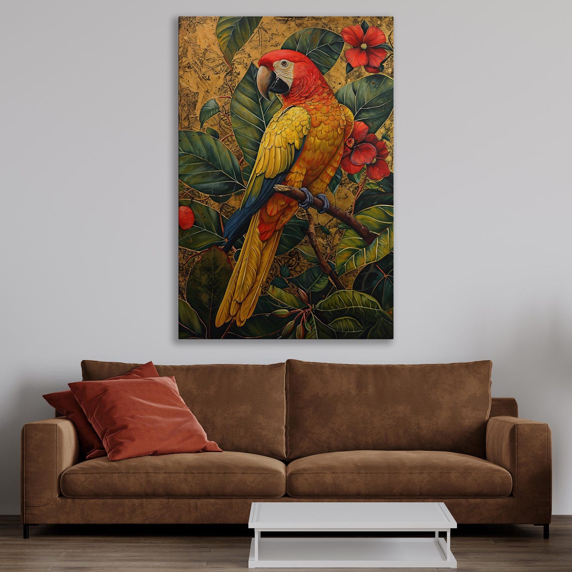 Scarlet Macaw Perched Among Red Flowers Tropical Parrot Art Poster - Image 3