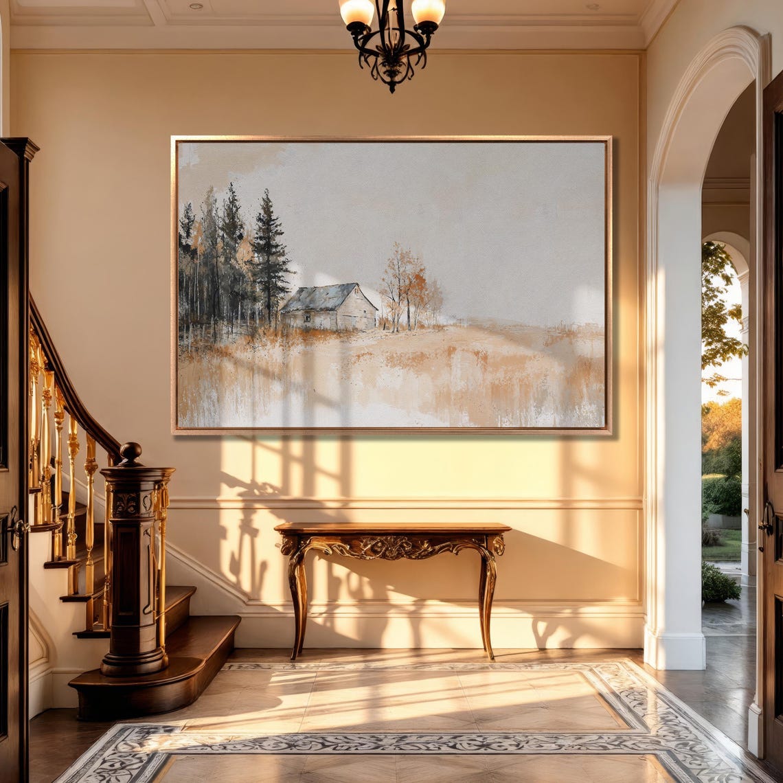 White Barn Beside Tall Pines Minimalist Autumn Field Painting Poster - Image 5