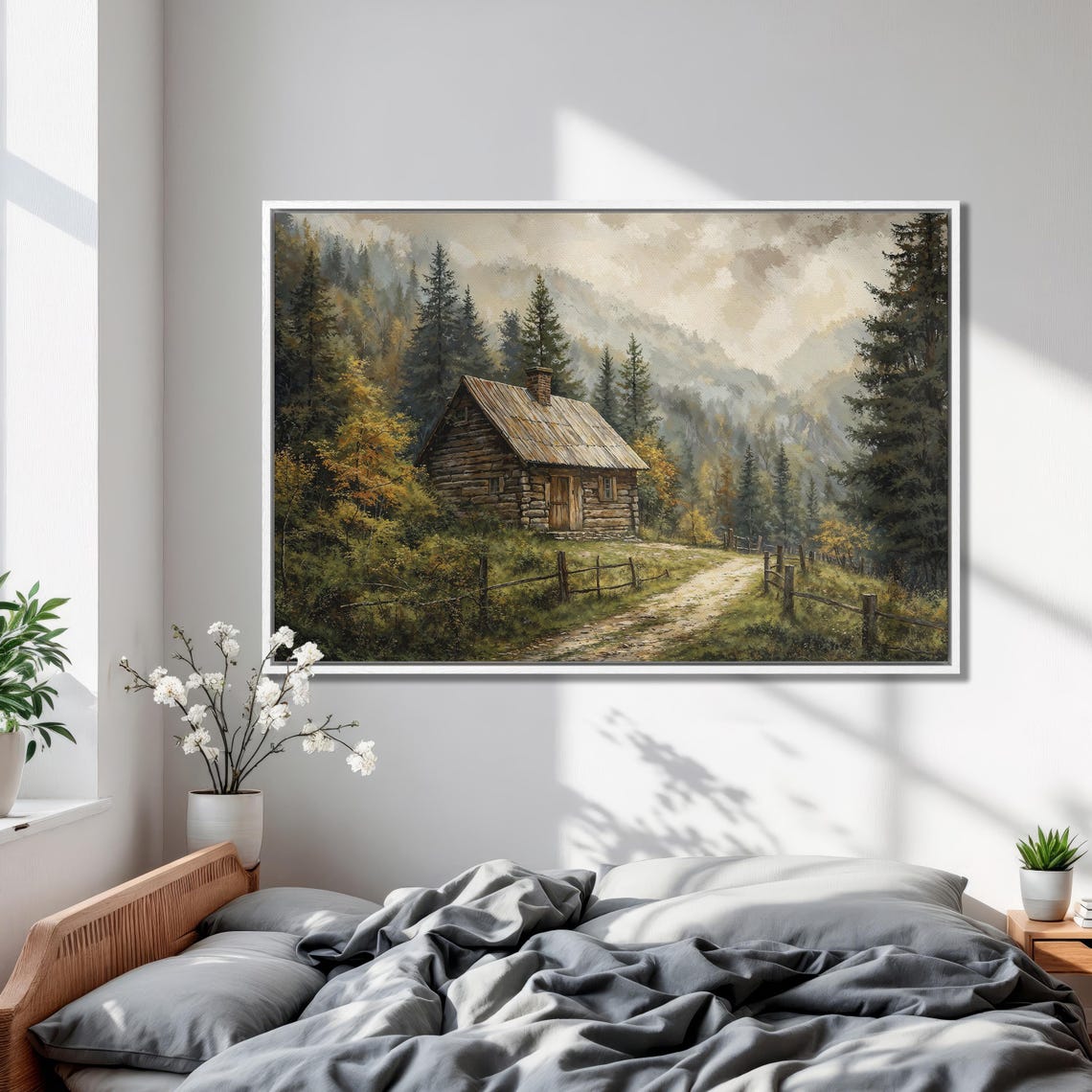 Rustic Log Cabin in Misty Pine Forest Mountain Painting Poster - Image 2