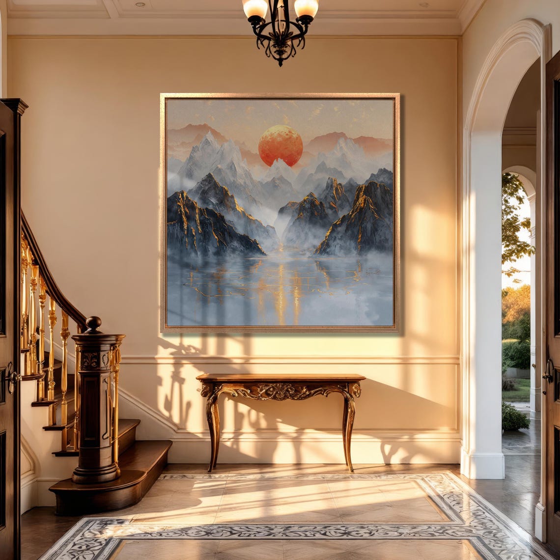 Sun Over Misty Mountains Wall Art Abstract Mountain Landscape Painting Print Tranquil Wall Decor Frozen Lake Poster Ready To Hang - Image 5