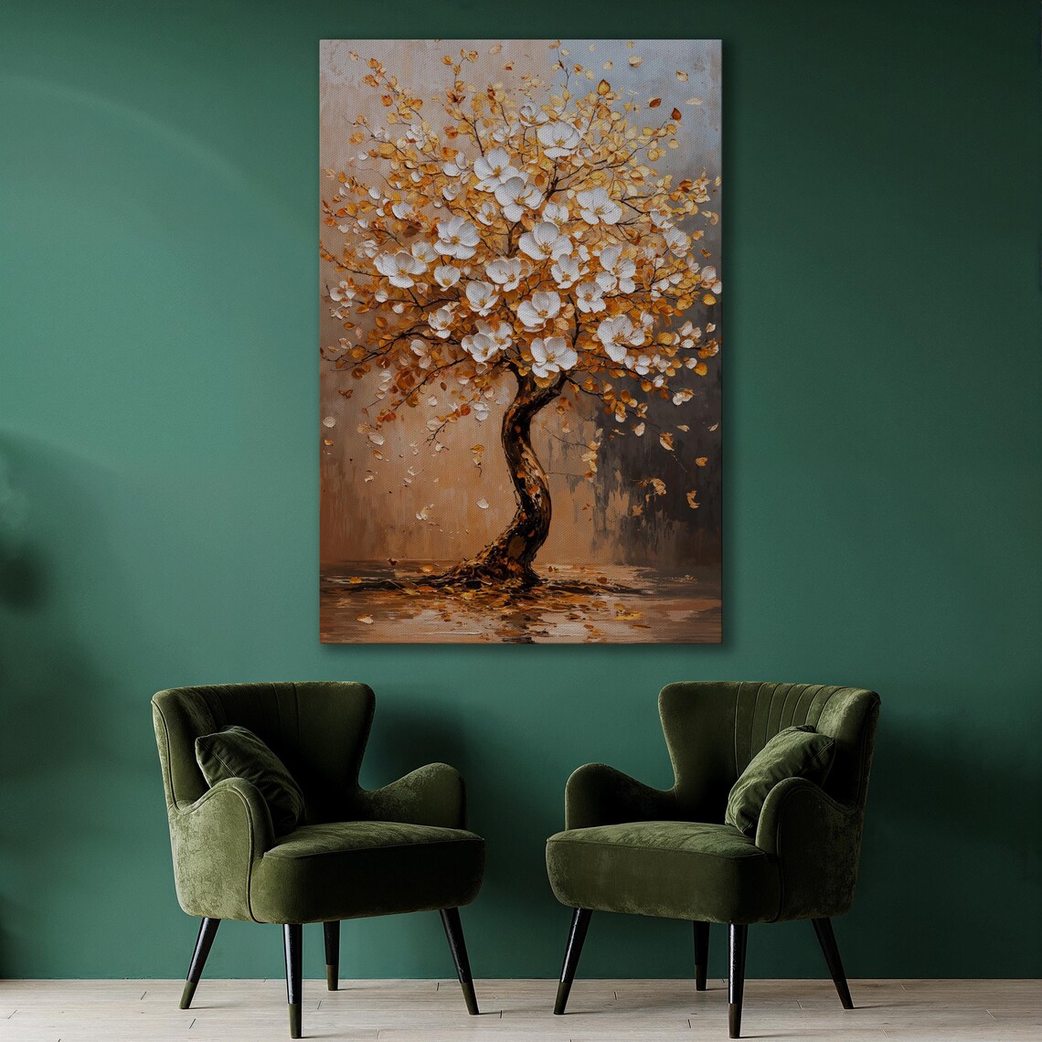 White Blossom Tree With Golden Leaves Nature Painting Wall Art - Image 2