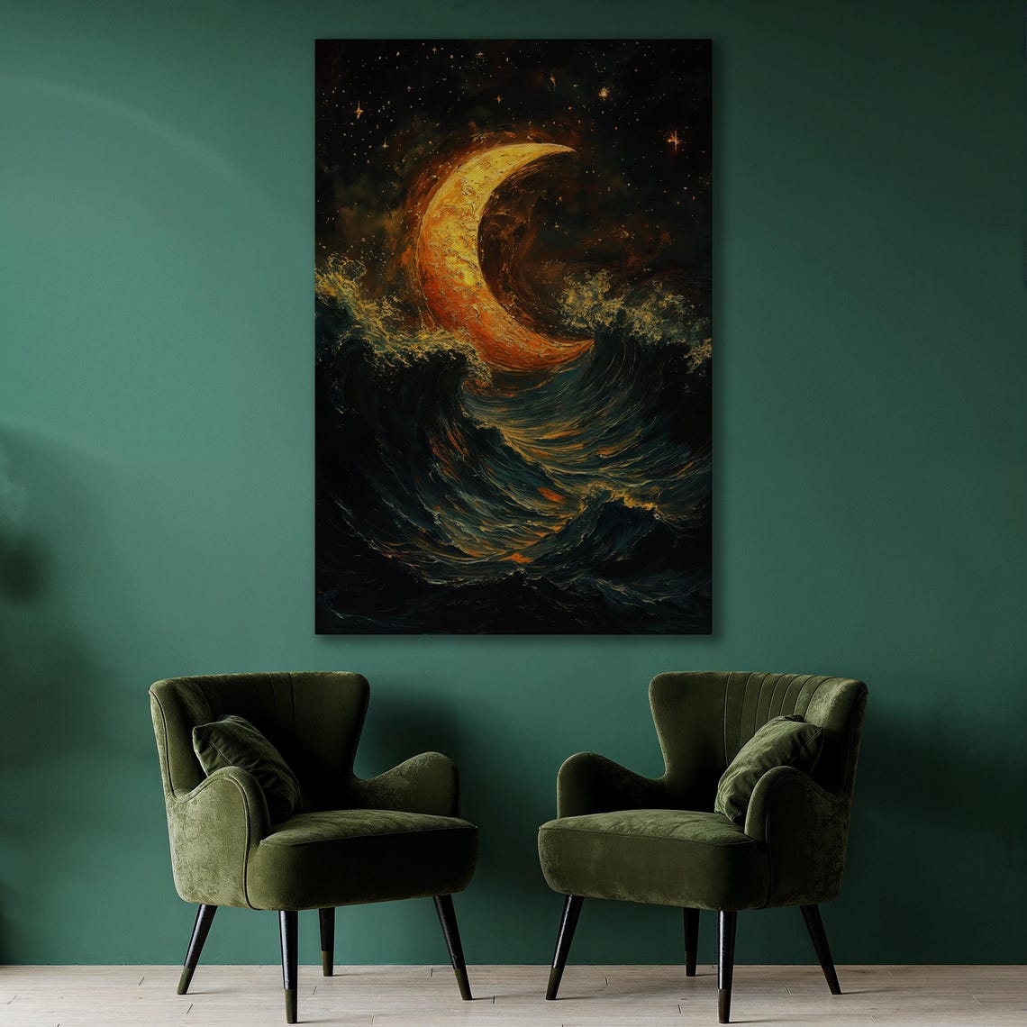 Fiery Crescent Moon Over Dark Swirling Ocean Waves Night Poster - Image 2